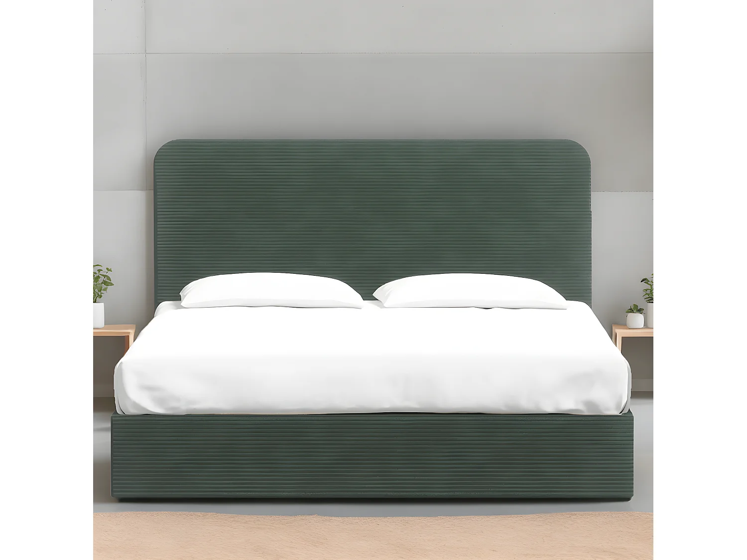 Lit adulte 140x190 cm en velours côtelé vert avec tête de lit - Enzo