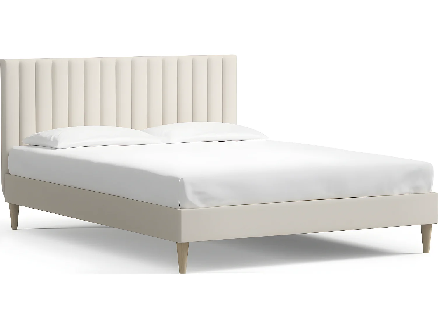 Lit adulte 140x190 cm en velours beige avec tête de lit matelassée - Eliot