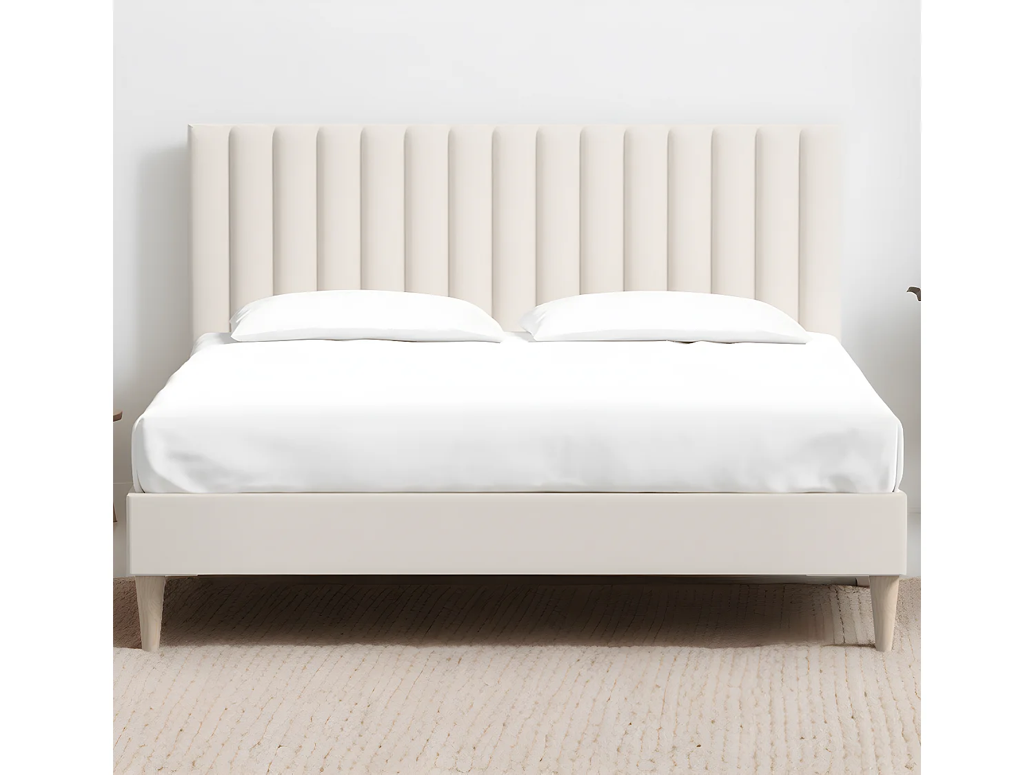 Lit adulte 140x190 cm en velours beige avec tête de lit matelassée - Eliot