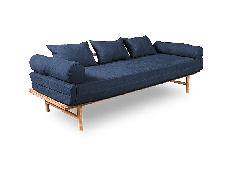 Canapé Lit Convertible Design en Tissu Beige et Bois Bleu