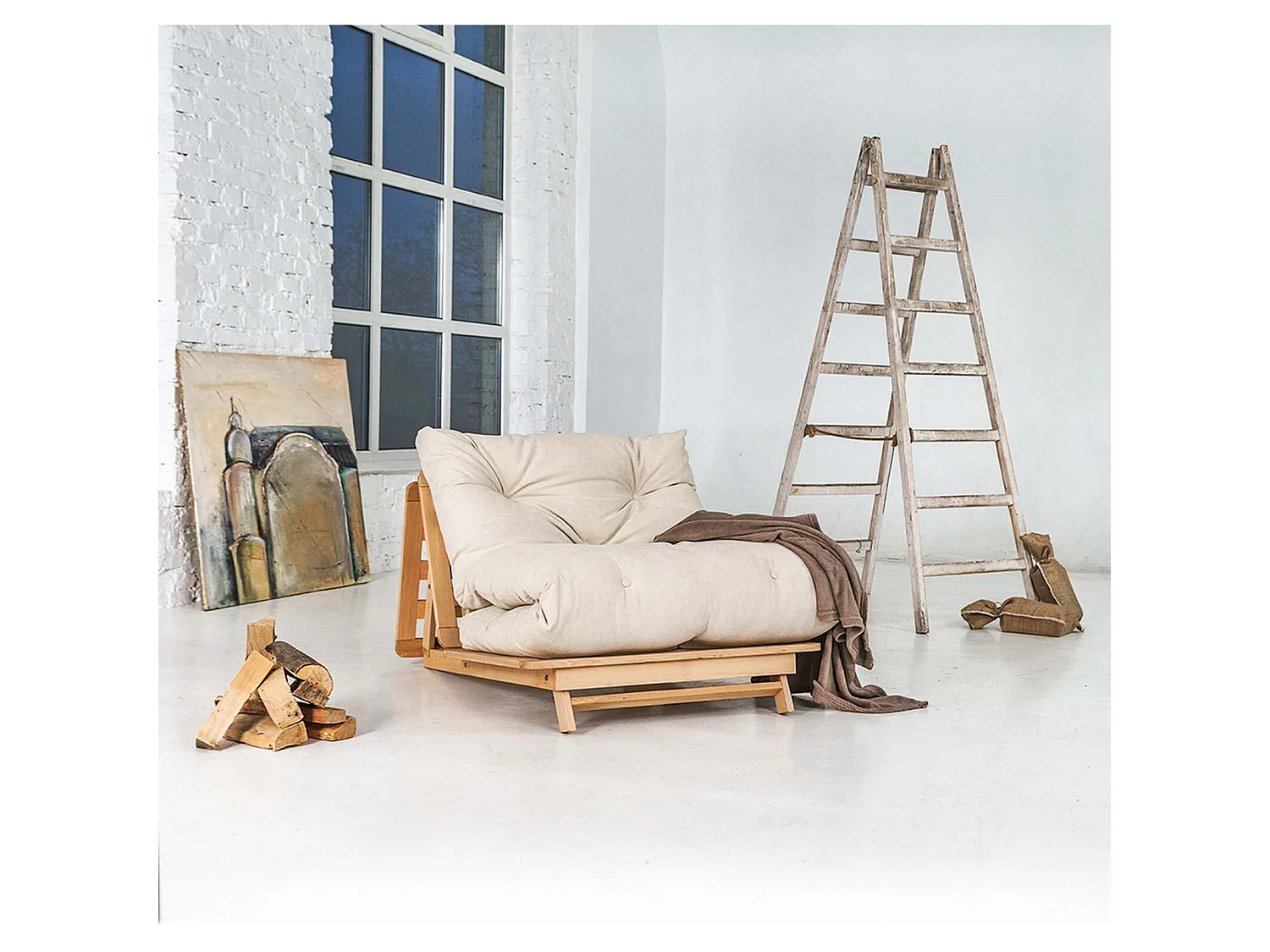 Canapé Lit Convertible en Bois avec Matelas Beige Confort Crème