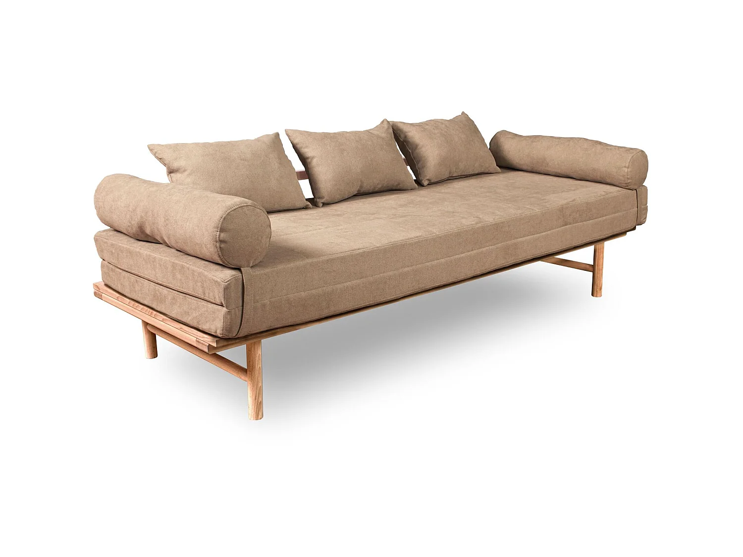 Canapé Lit Convertible Design en Tissu Beige et Bois Beige