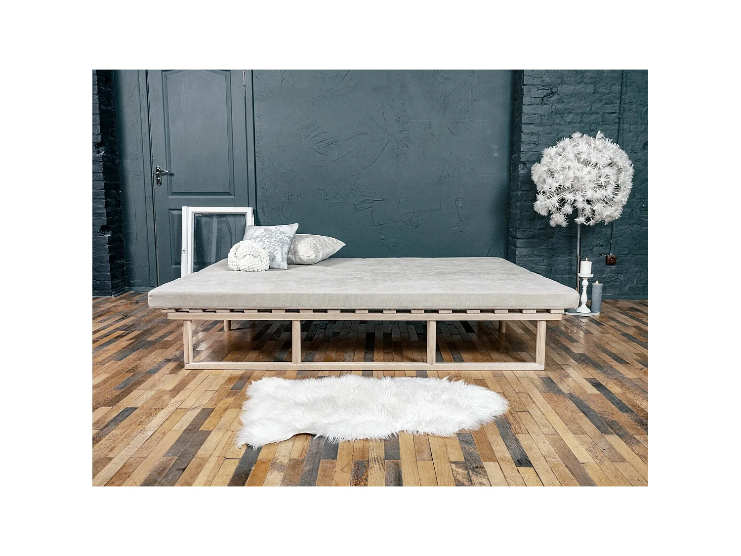 Canapé Lit Convertible Design en Tissu Beige et Bois Jaune