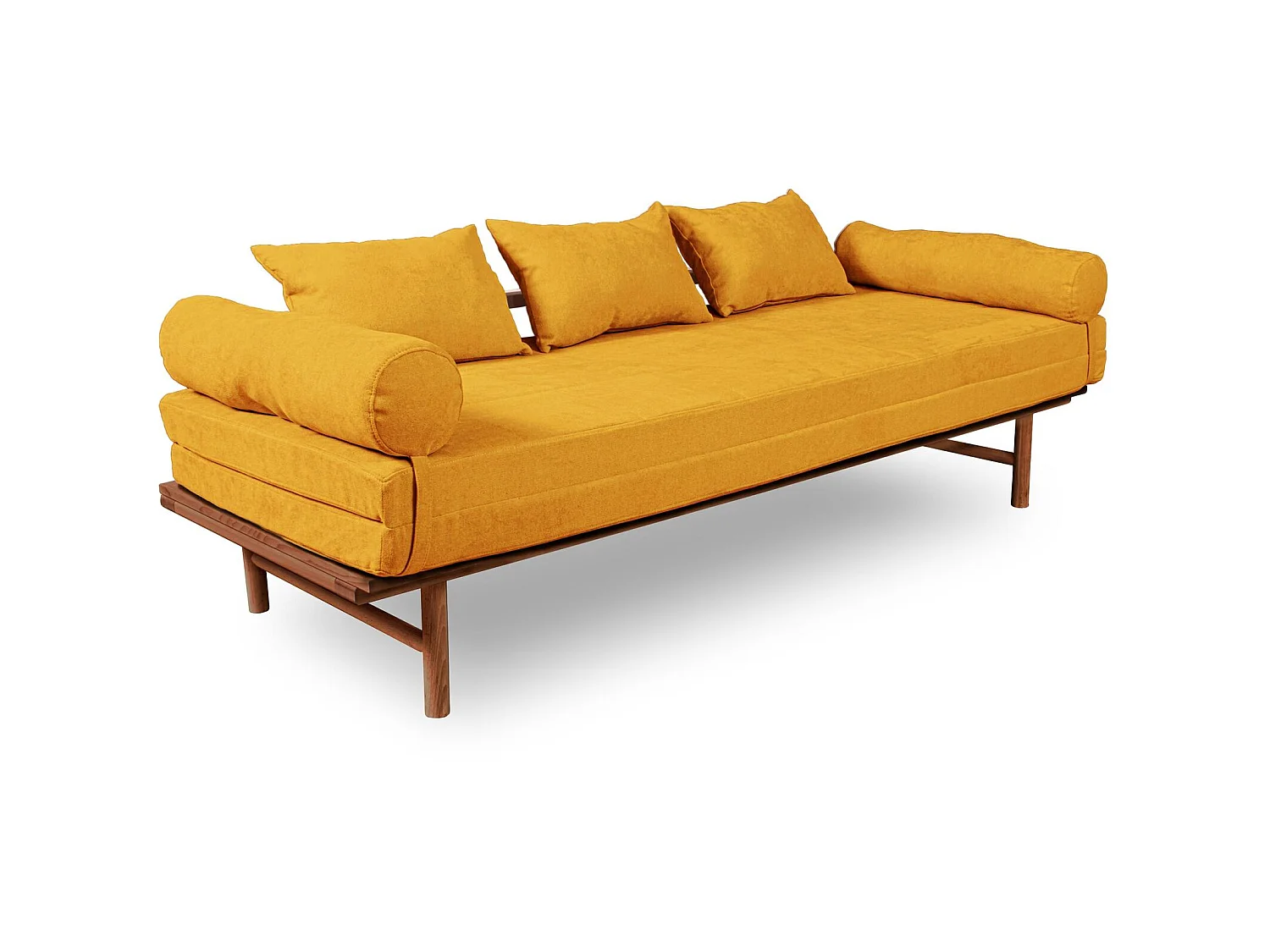 Canapé Lit Convertible Design en Tissu Beige et Bois Jaune