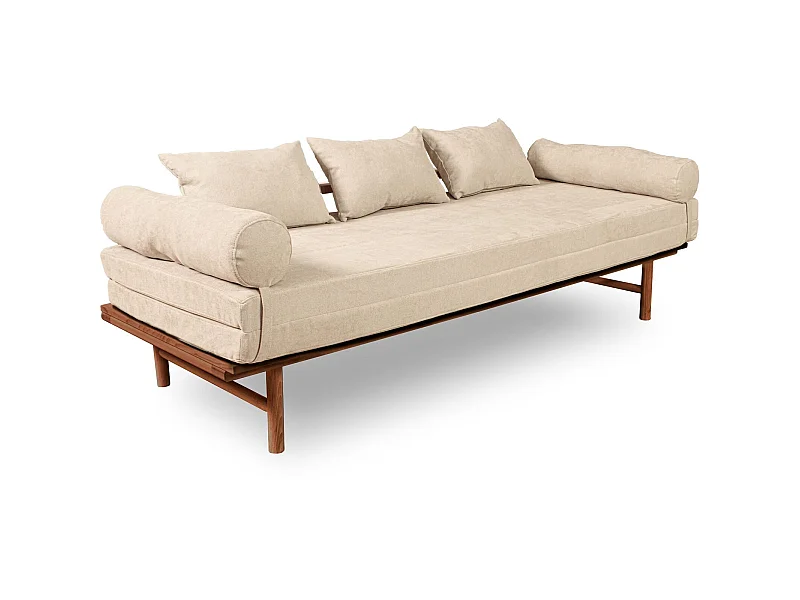 Canapé Lit Convertible Design en Tissu Beige et Bois Crème
