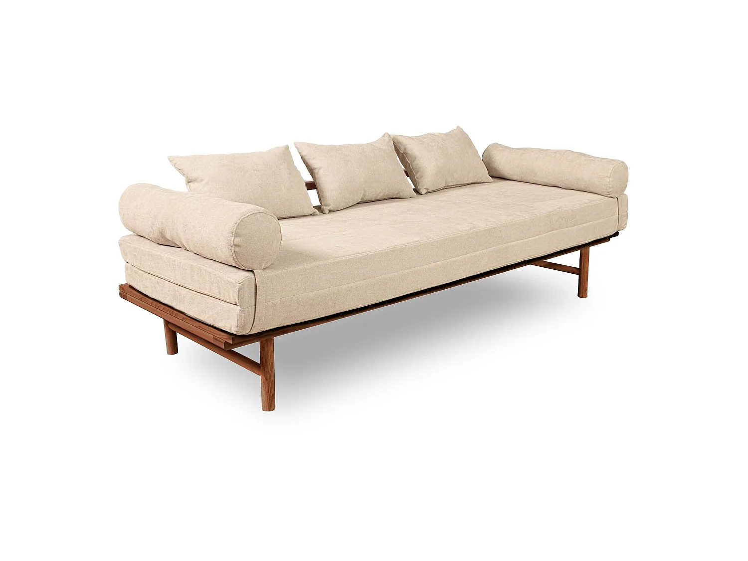 Canapé Lit Convertible Design en Tissu Beige et Bois Crème