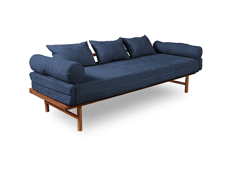 Canapé Lit Convertible Design en Tissu Beige et Bois Bleu