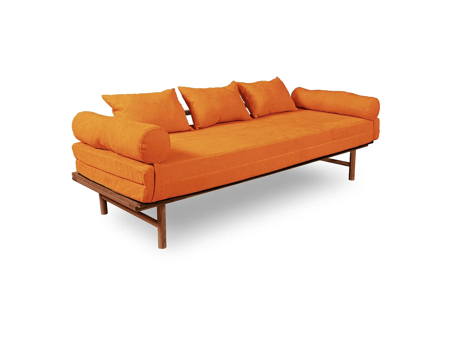 Canapé Lit Convertible Design en Tissu Beige et Bois Orange