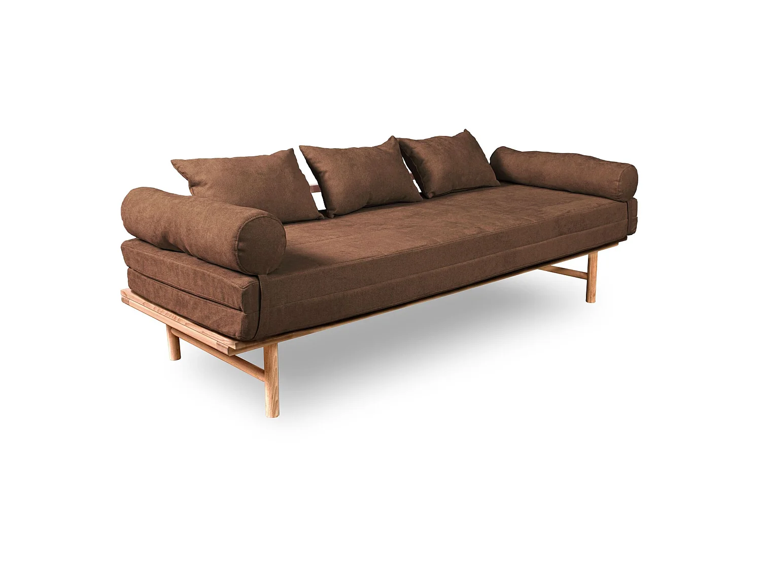 Canapé Lit Convertible Design en Tissu Beige et Bois Marron