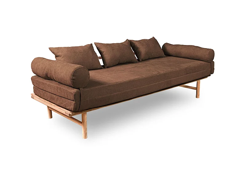 Canapé Lit Convertible Design en Tissu Beige et Bois Marron