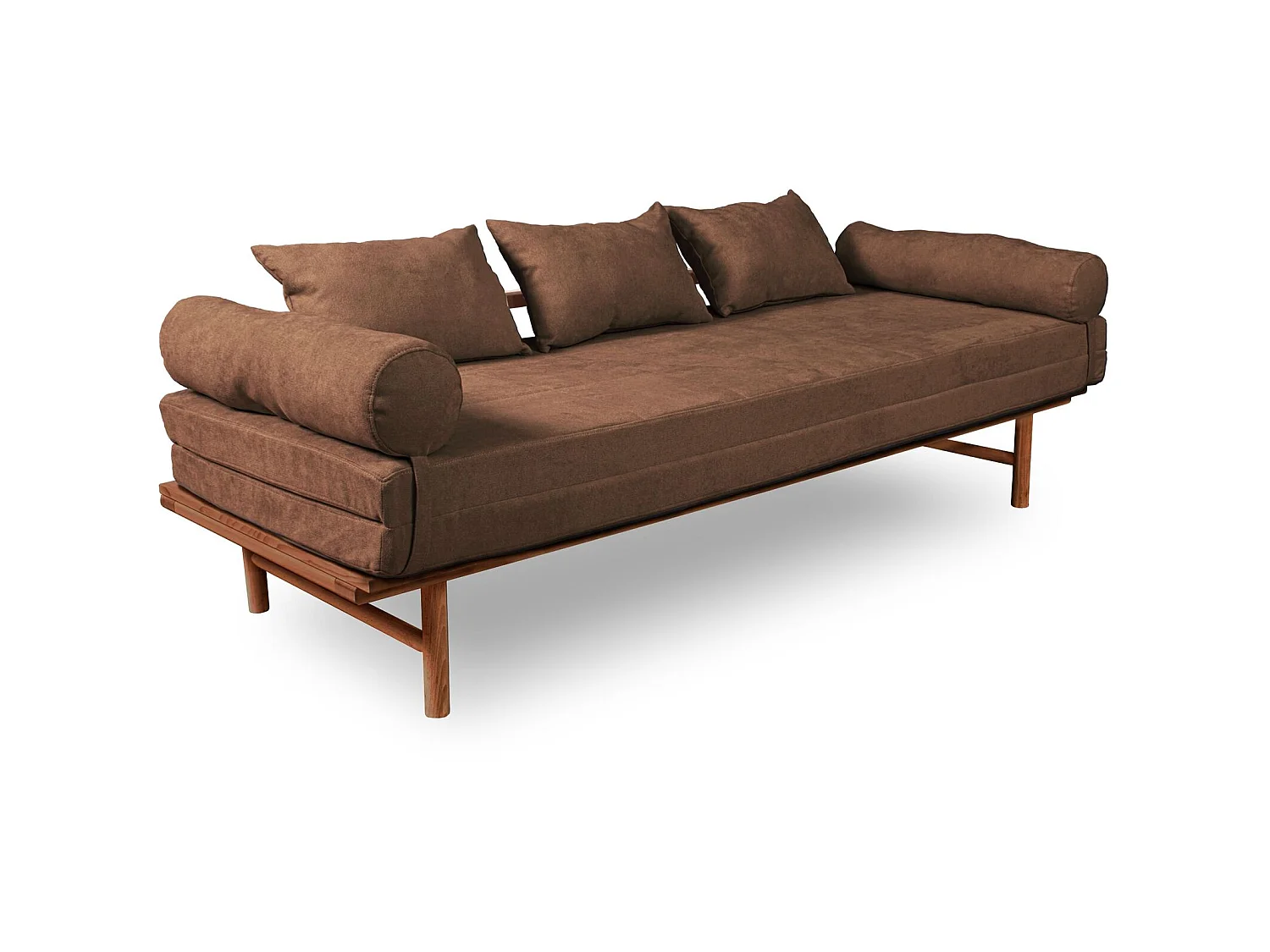 Canapé Lit Convertible Design en Tissu Beige et Bois Marron