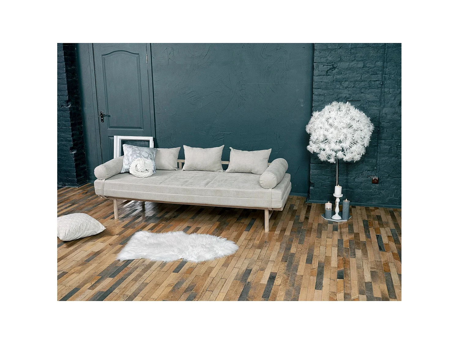 Canapé Lit Convertible Design en Tissu Beige et Bois Marron