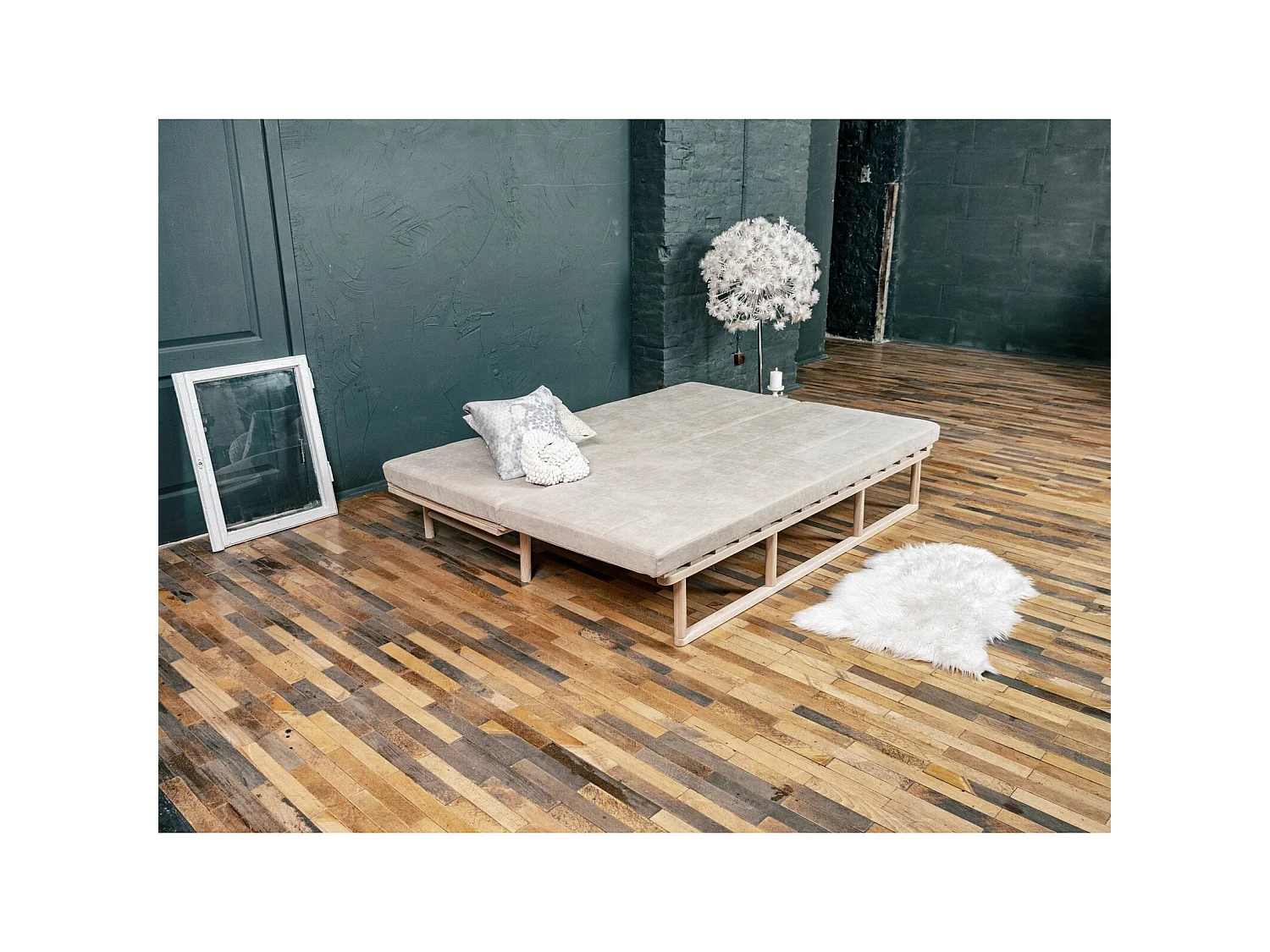 Canapé Lit Convertible Design en Tissu Beige et Bois Marron