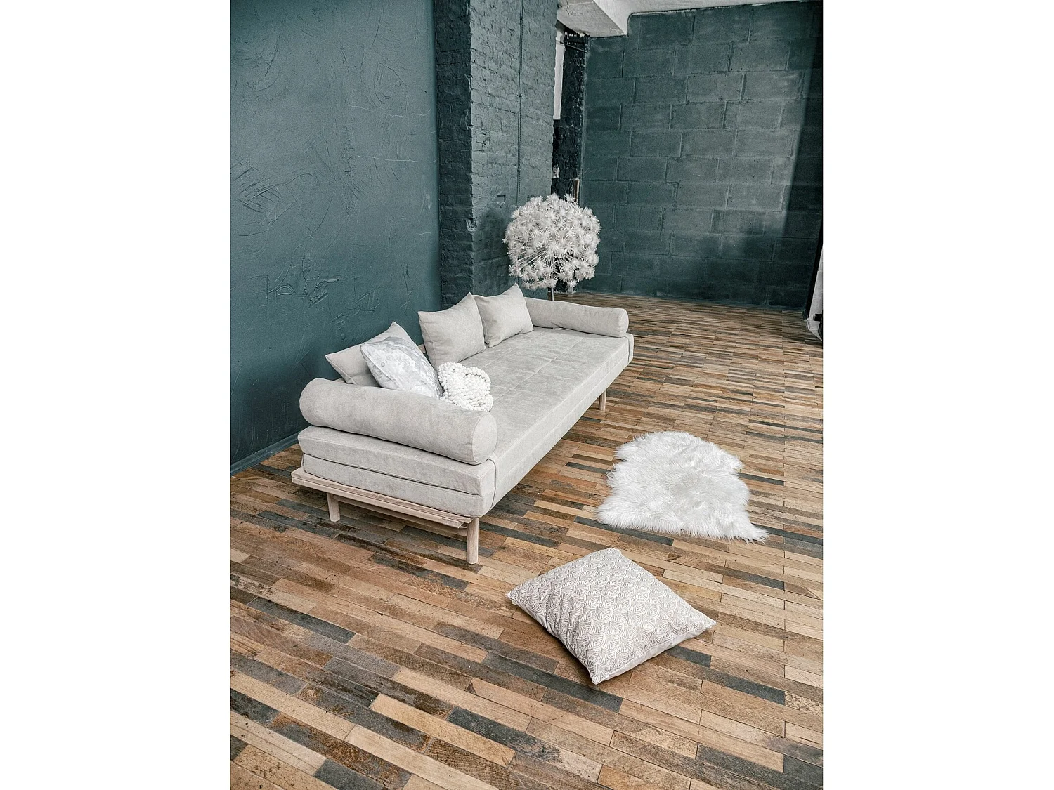 Canapé Lit Convertible Design en Tissu Beige et Bois Marron