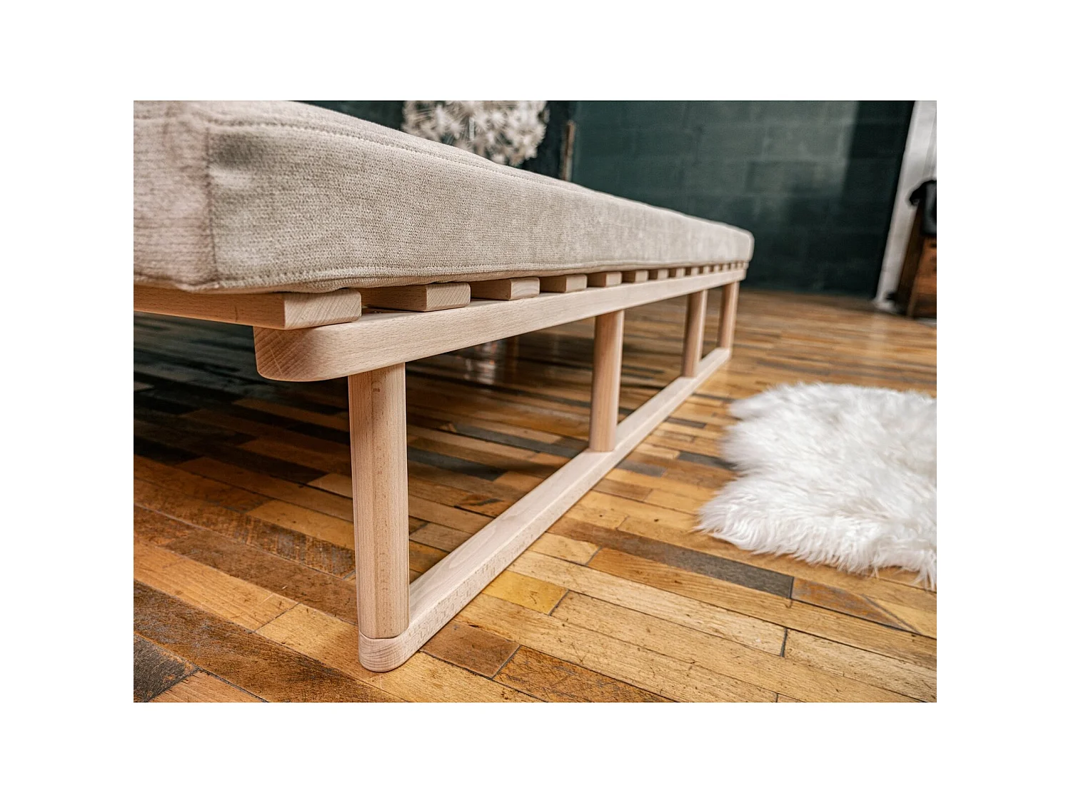 Canapé Lit Convertible Design en Tissu Beige et Bois Marron