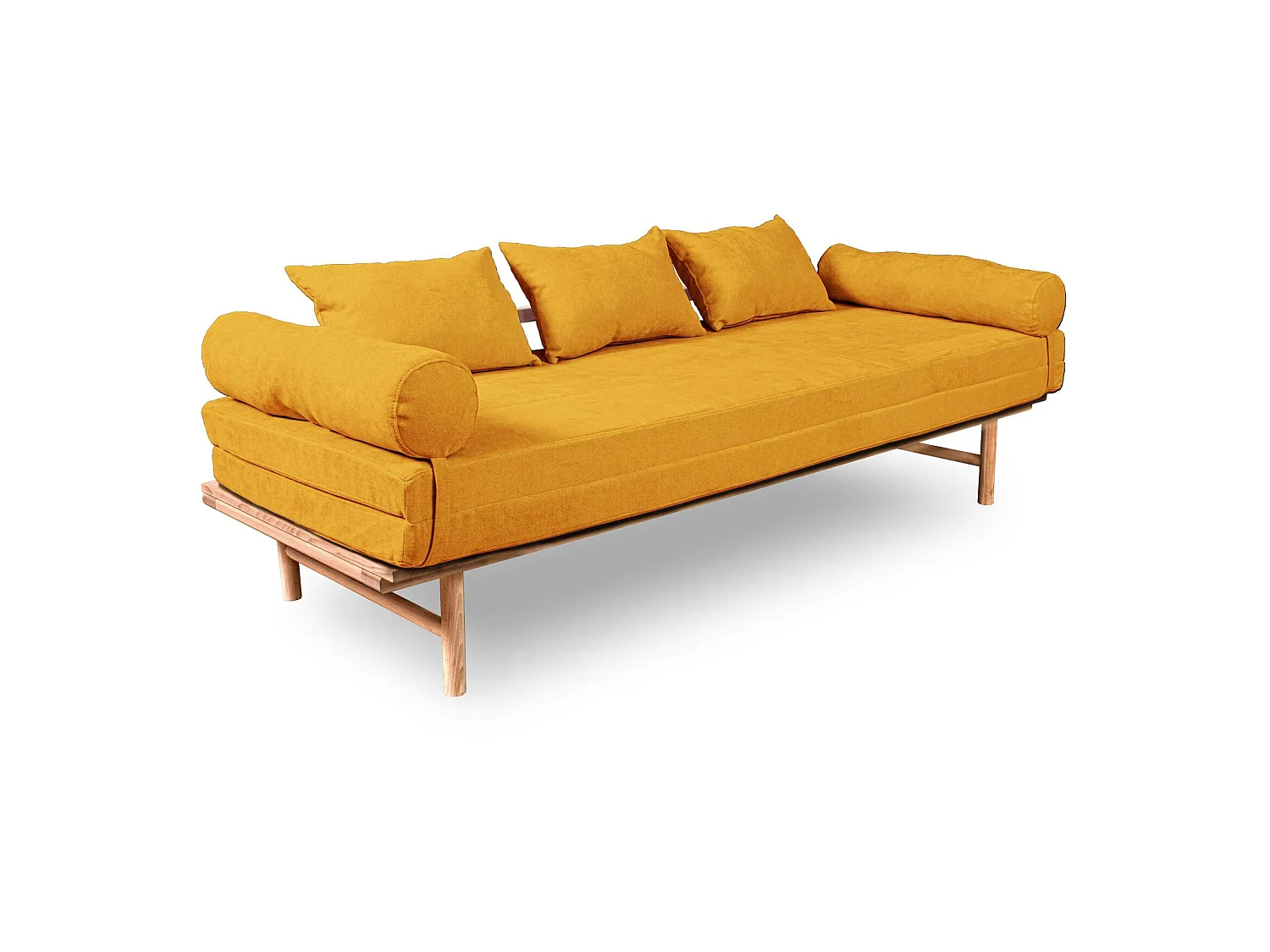Canapé Lit Convertible Design en Tissu Beige et Bois Jaune