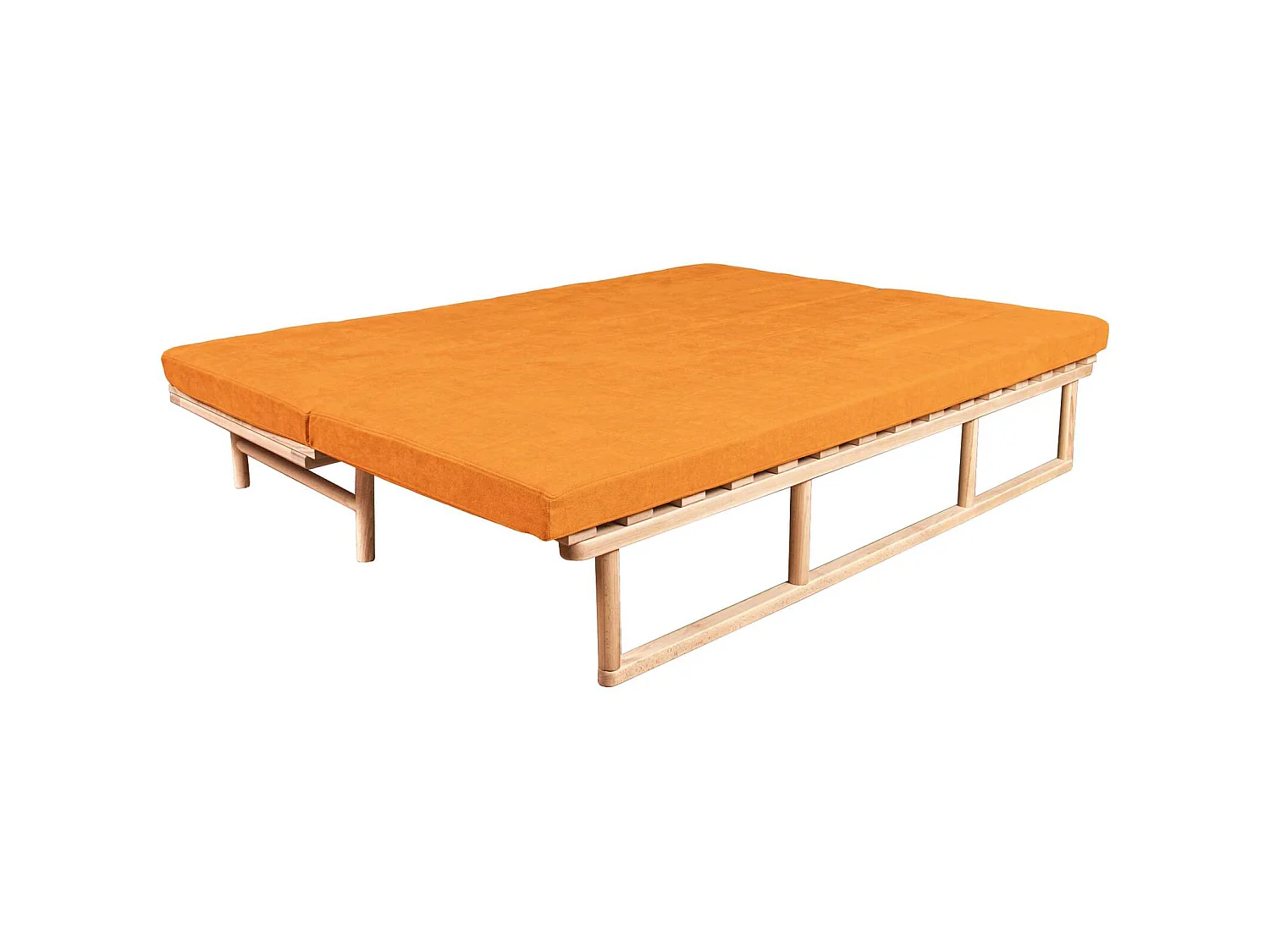 Canapé Lit Convertible Design en Tissu Beige et Bois Orange