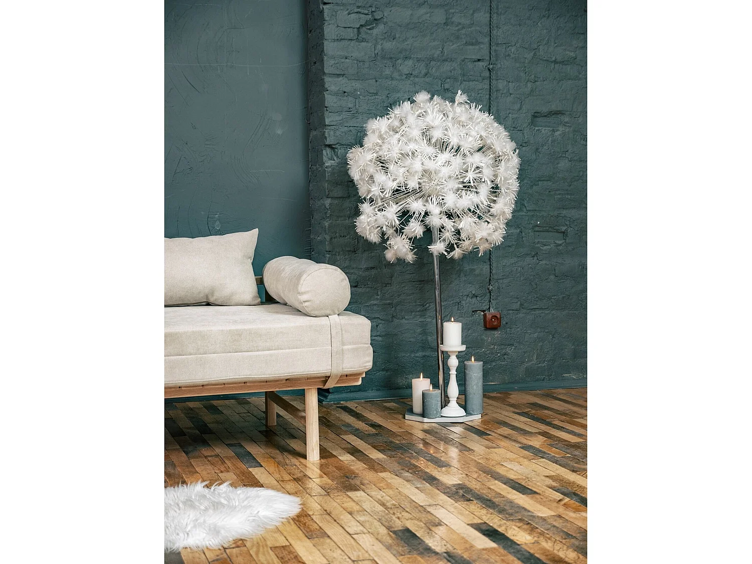 Canapé Lit Convertible Design en Tissu Beige et Bois Orange