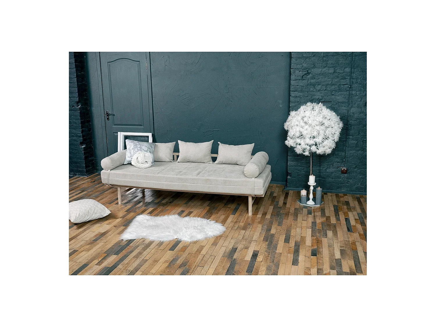 Canapé Lit Convertible Design en Tissu Beige et Bois Orange