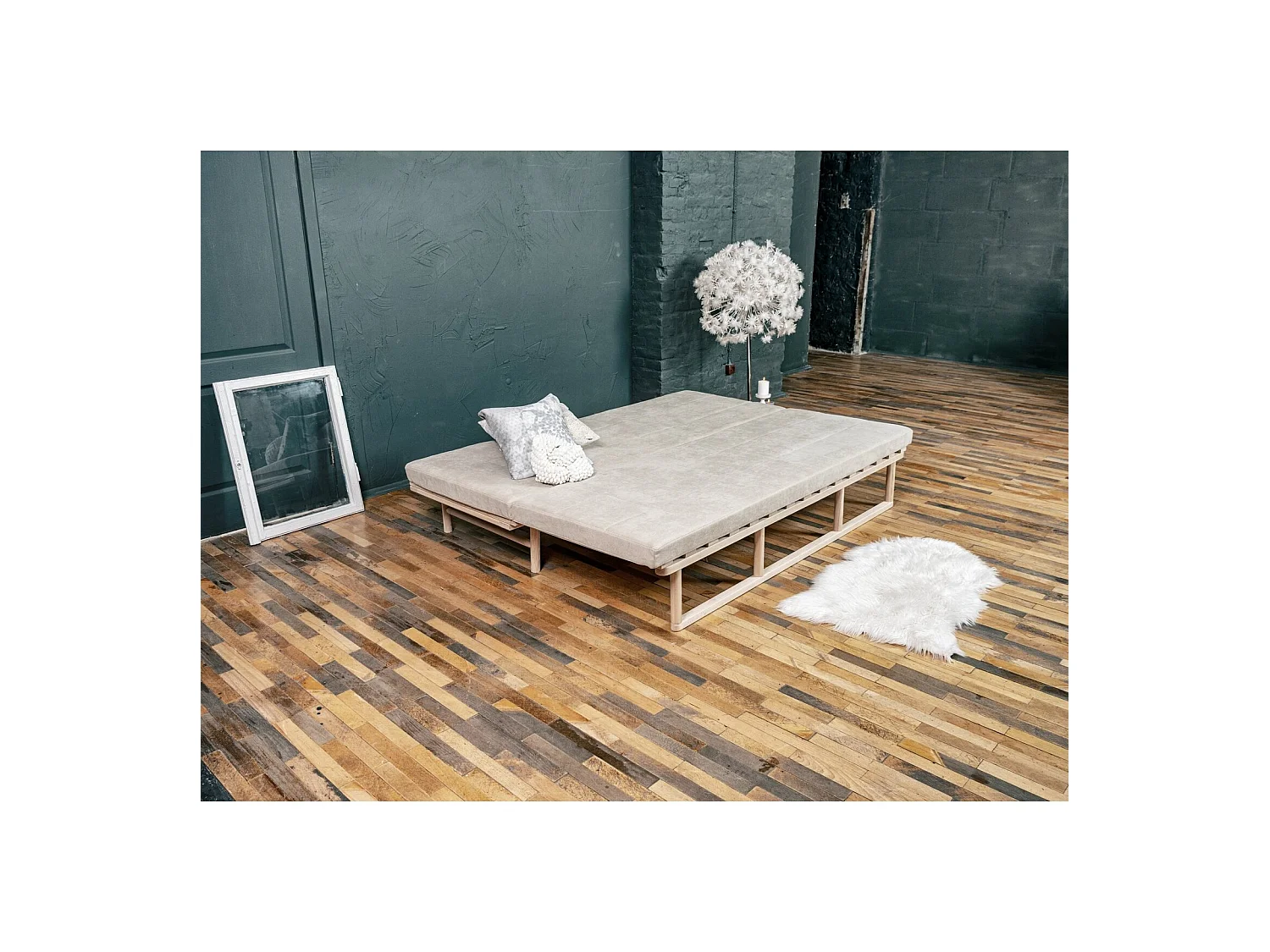 Canapé Lit Convertible Design en Tissu Beige et Bois Orange
