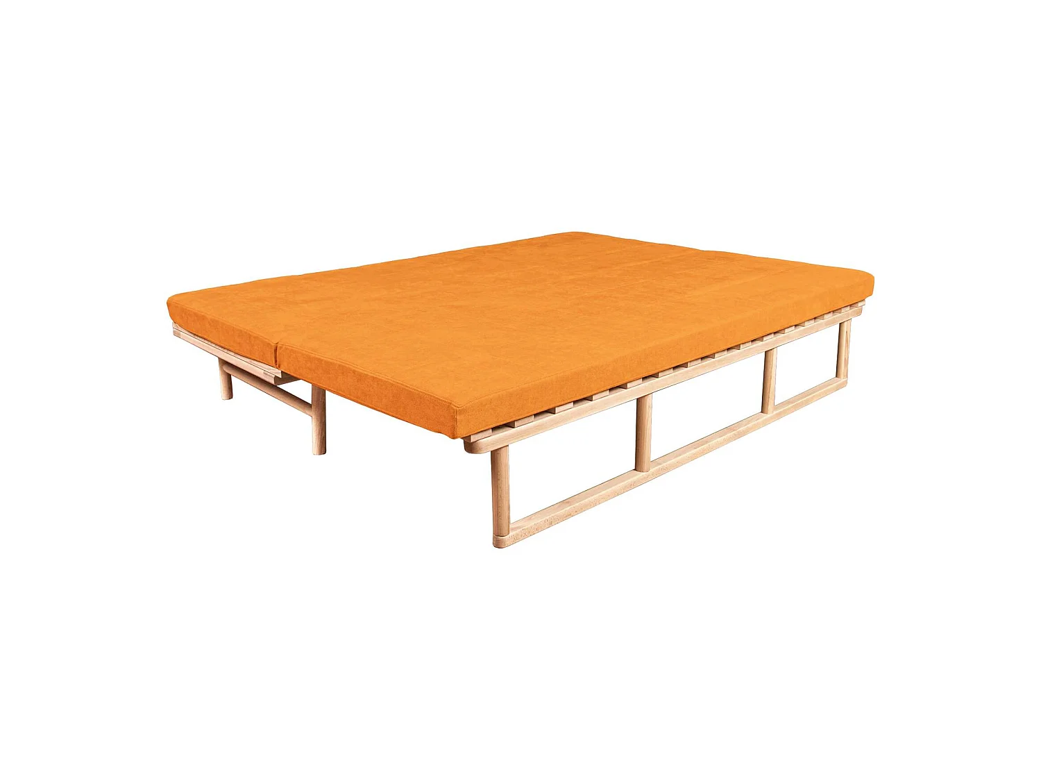 Canapé Lit Convertible Design en Tissu Beige et Bois Orange