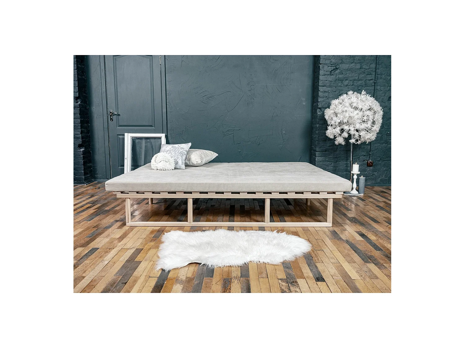 Canapé Lit Convertible Design en Tissu Beige et Bois Orange
