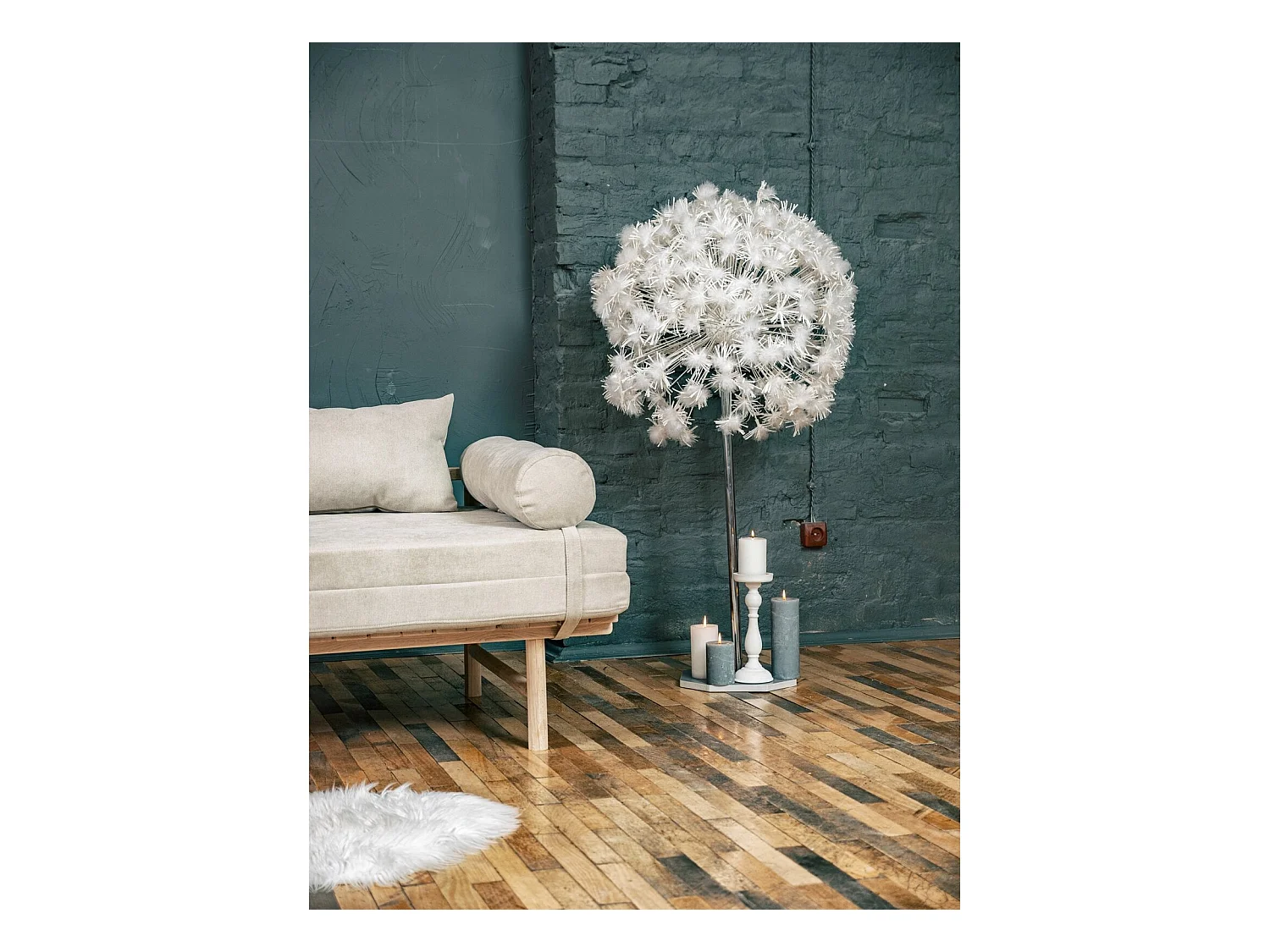 Canapé Lit Convertible Design en Tissu Beige et Bois Orange
