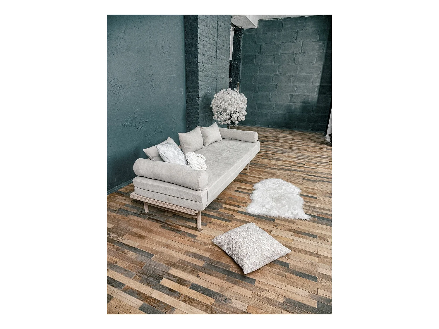Canapé Lit Convertible Design en Tissu Beige et Bois Orange