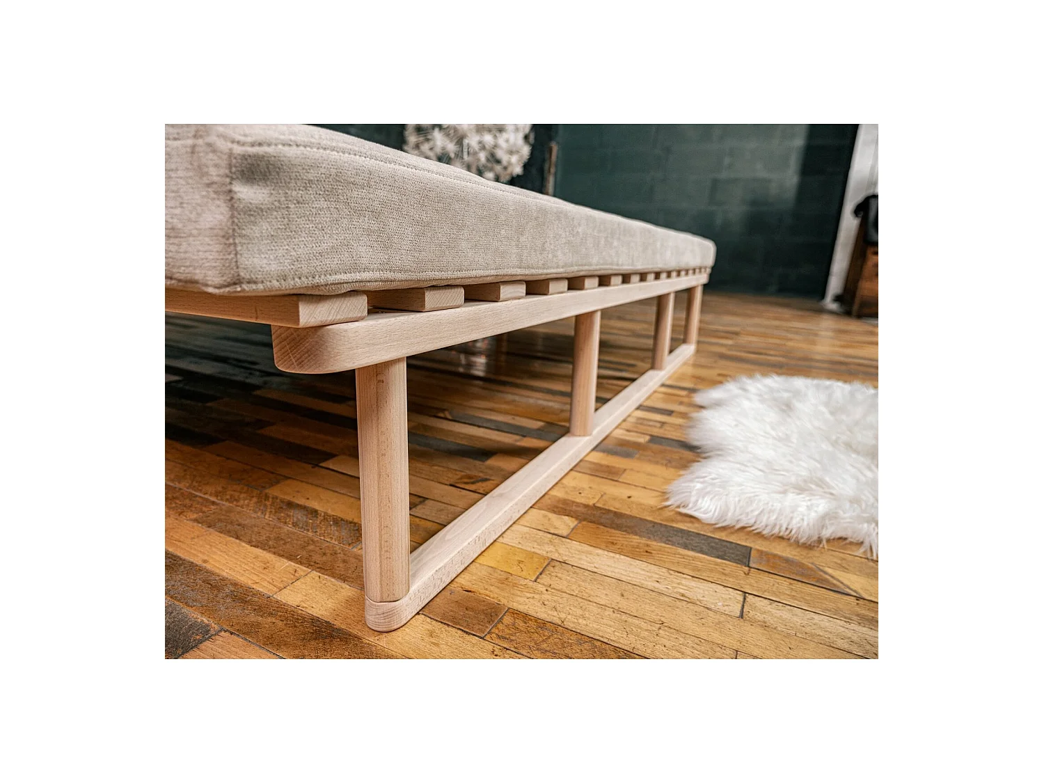Canapé Lit Convertible Design en Tissu Beige et Bois Orange