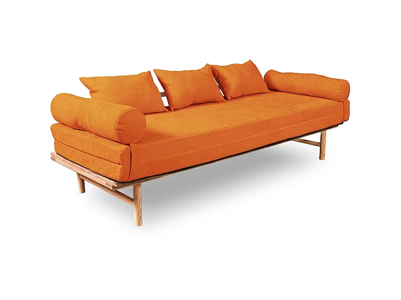 Canapé Lit Convertible Design en Tissu Beige et Bois Orange