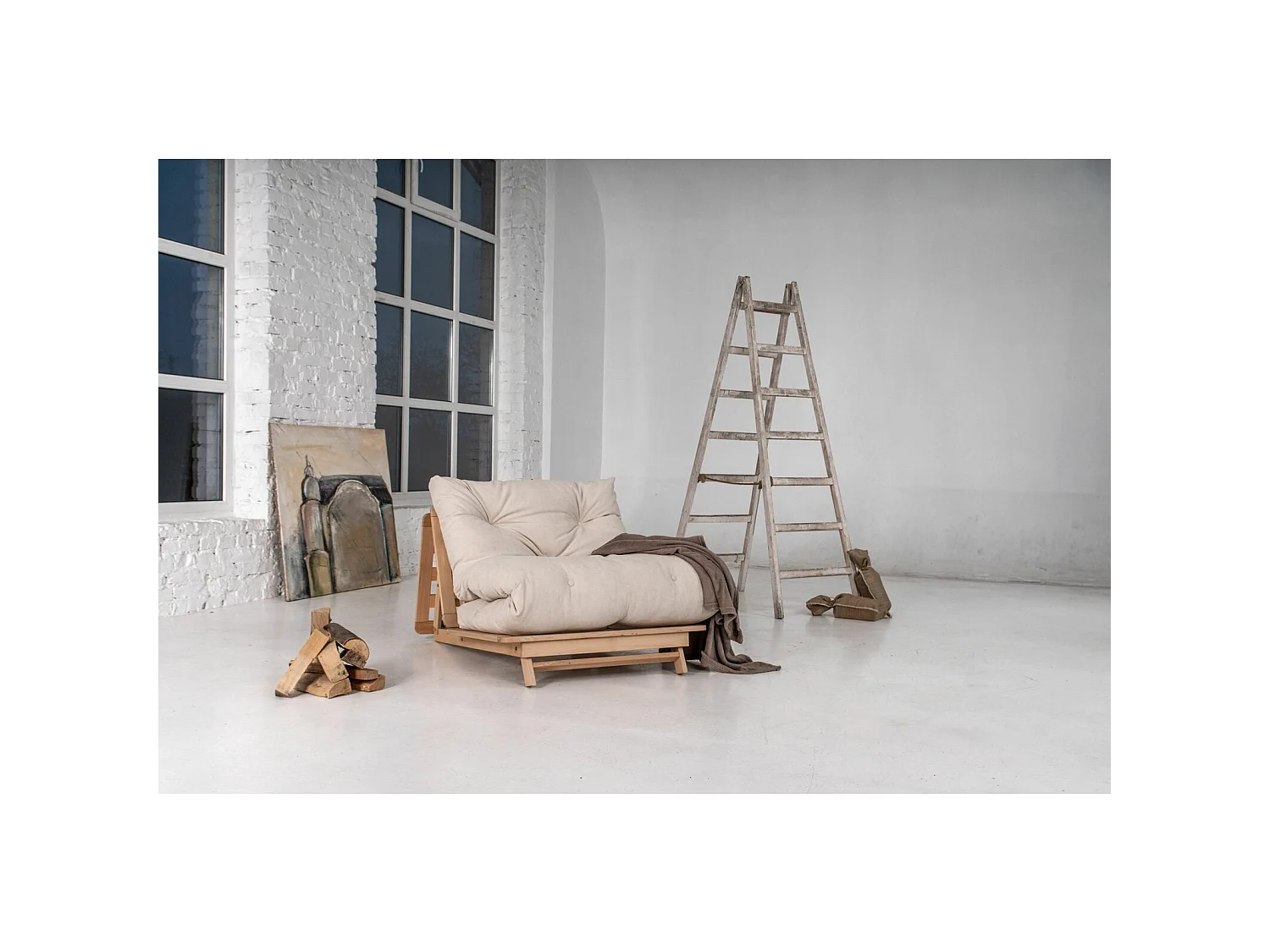 Canapé Lit Convertible en Bois avec Matelas Beige Confort Bleu
