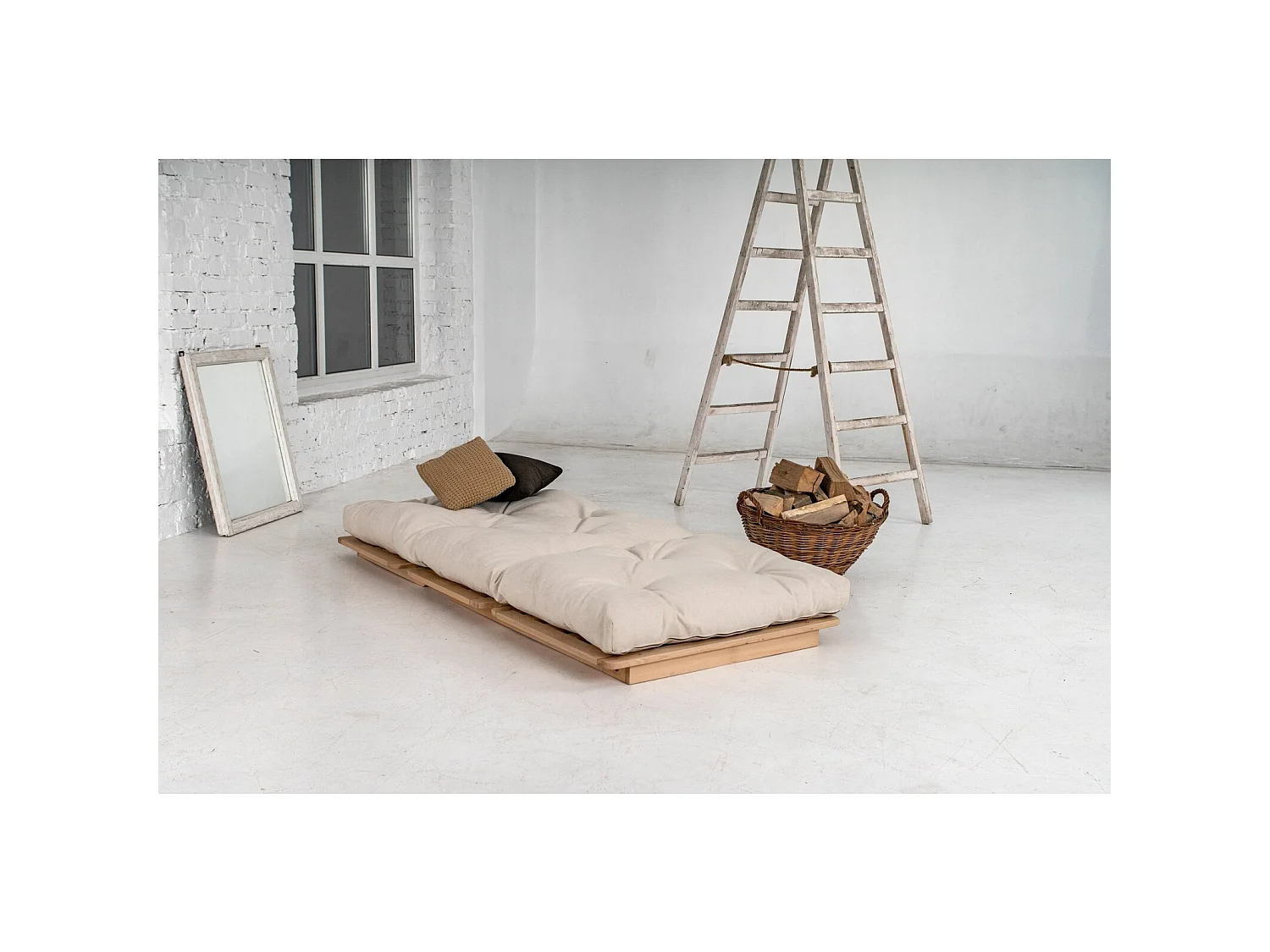 Canapé Lit Convertible en Bois avec Matelas Beige Confort Crème