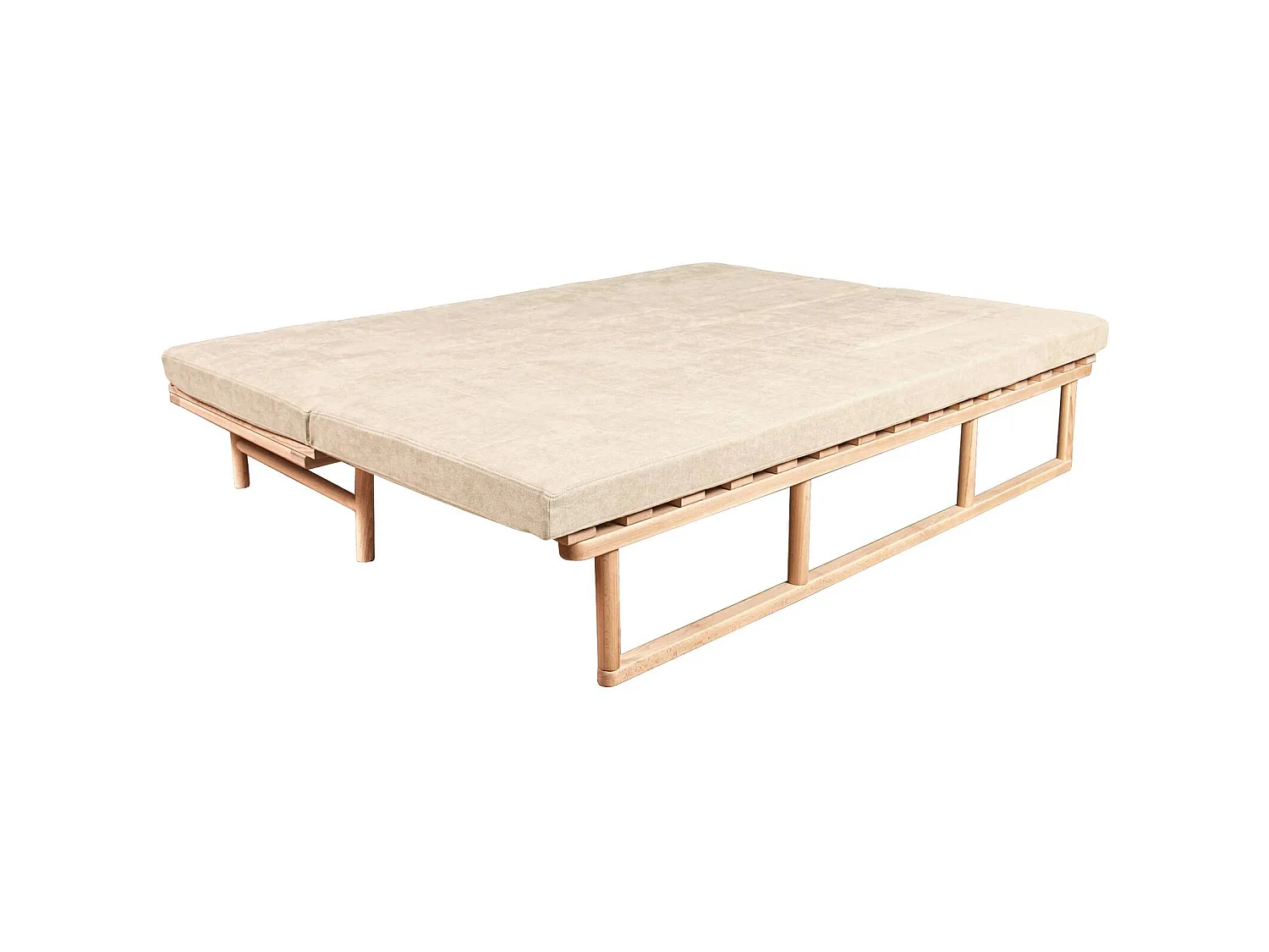 Canapé Lit Convertible Design en Tissu Beige et Bois Crème