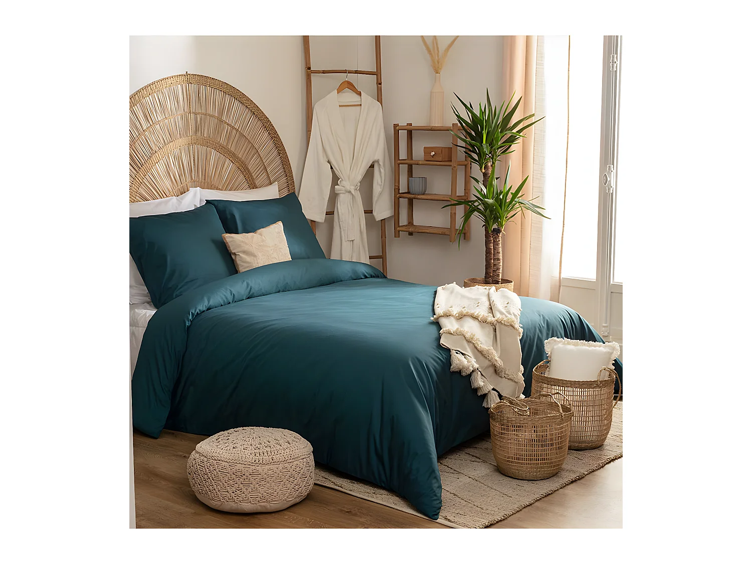 Parure de lit 2 Personnes en percale de coton Bleu Egéen 260 x 240 cm Housse de couette avec 2 taies