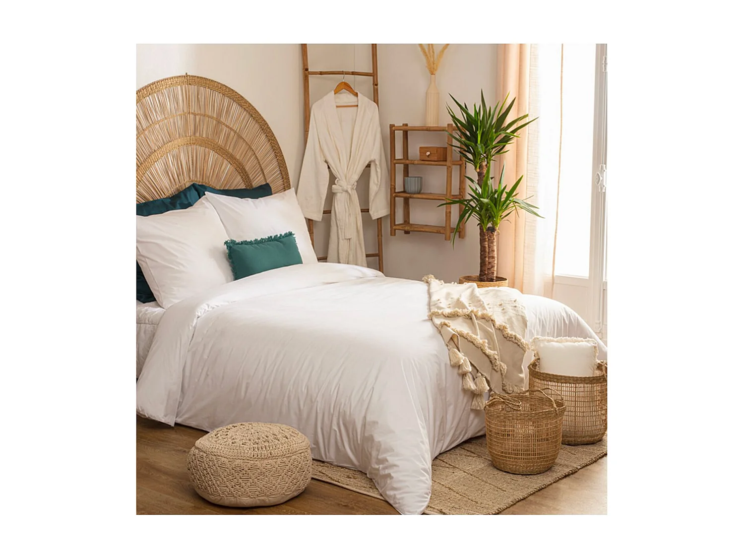 Parure de lit 2 Personnes en percale de coton Blanc 260 x 240 cm Housse de couette avec 2 taies