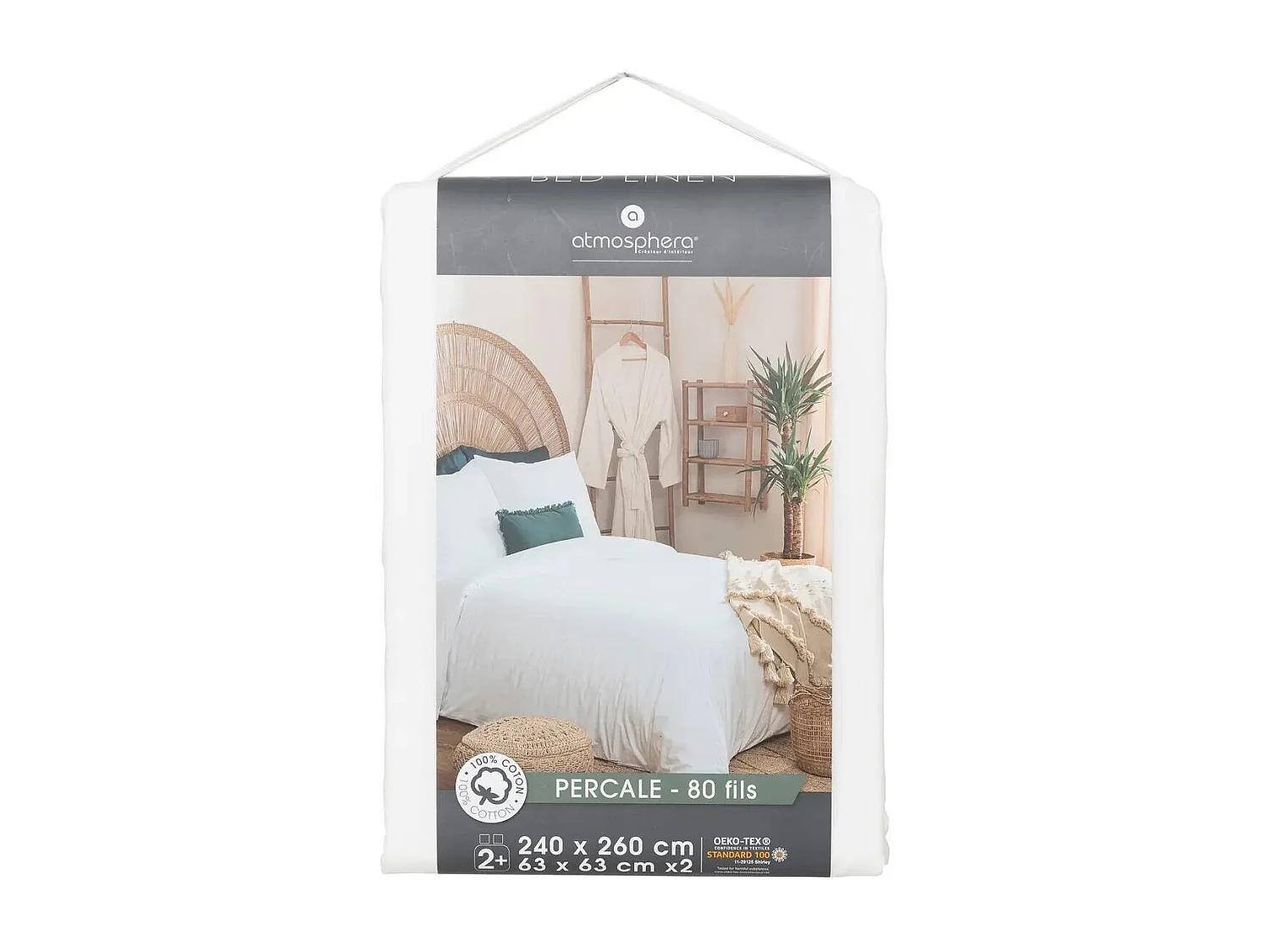 Parure de lit 2 Personnes en percale de coton Blanc 260 x 240 cm Housse de couette avec 2 taies