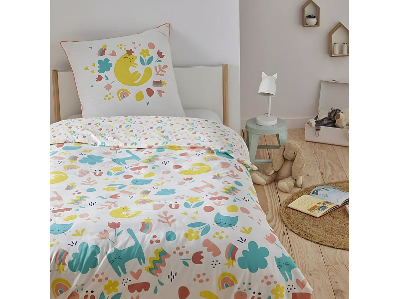 Parure de lit enfant chat réversible fleurie 140x200cm