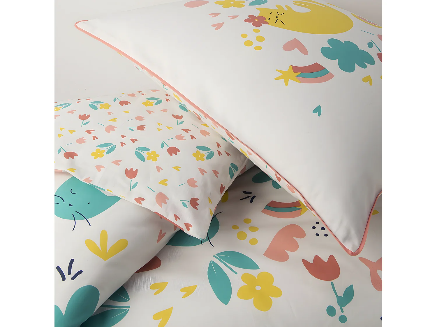 Parure de lit enfant chat réversible fleurie 140x200cm