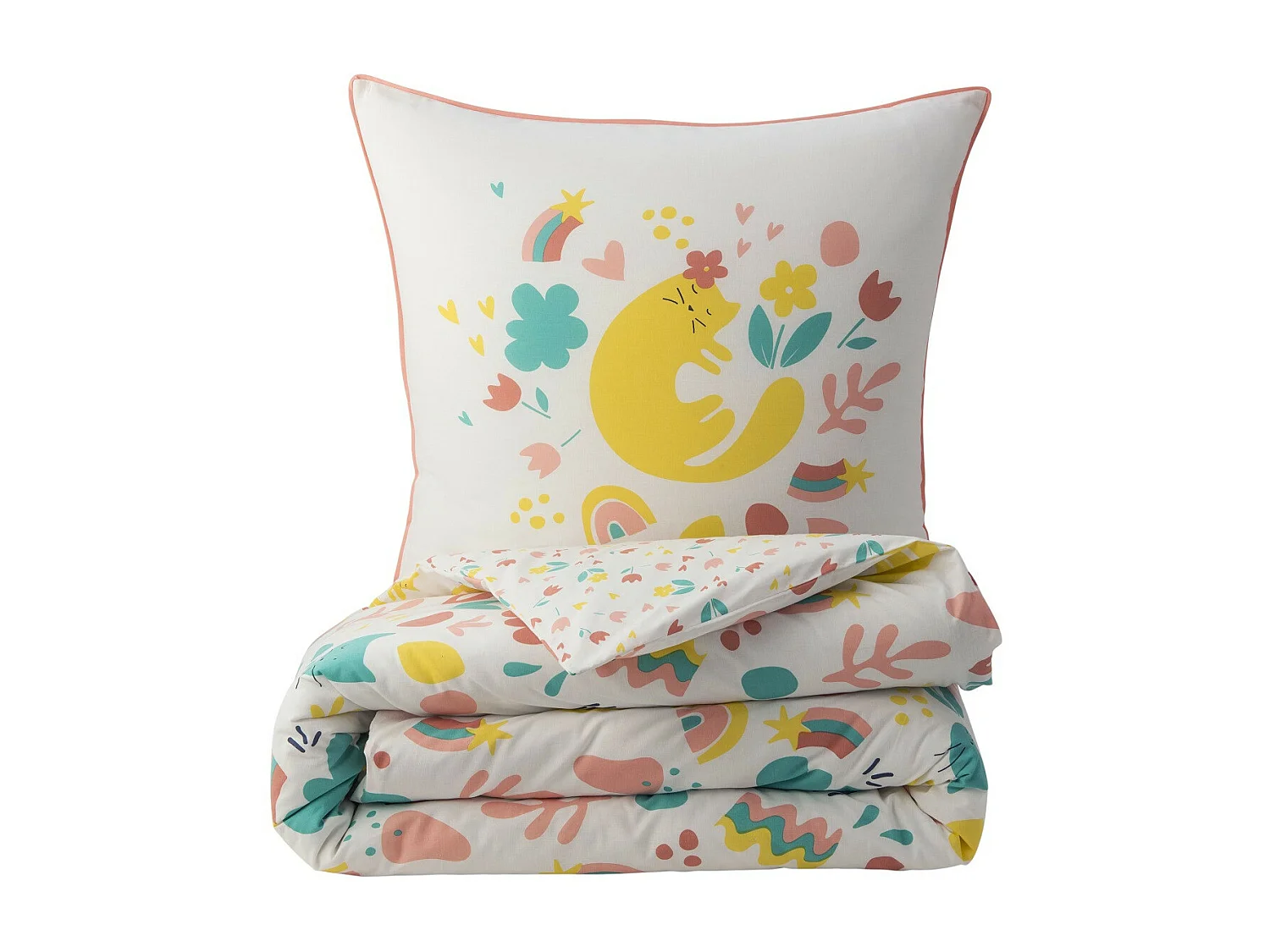 Parure de lit enfant chat réversible fleurie 140x200cm