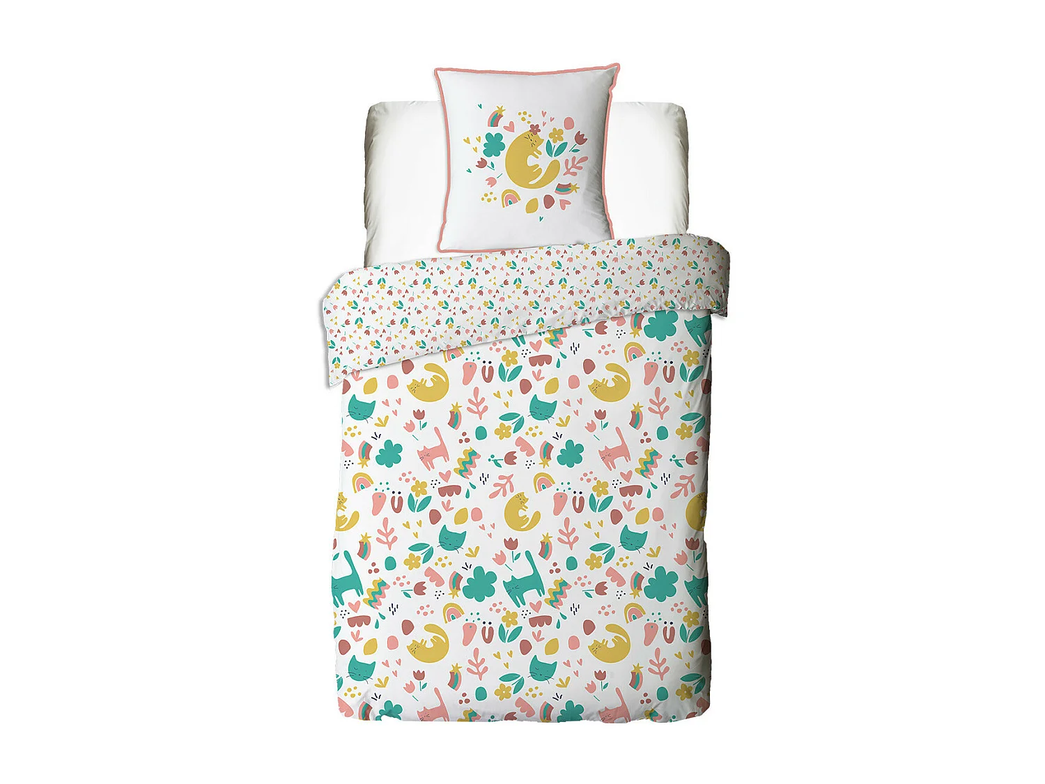 Parure de lit enfant chat réversible fleurie 140x200cm