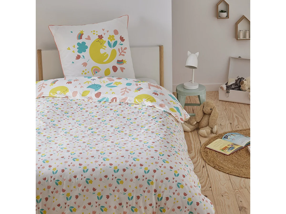 Parure de lit enfant chat réversible fleurie 140x200cm