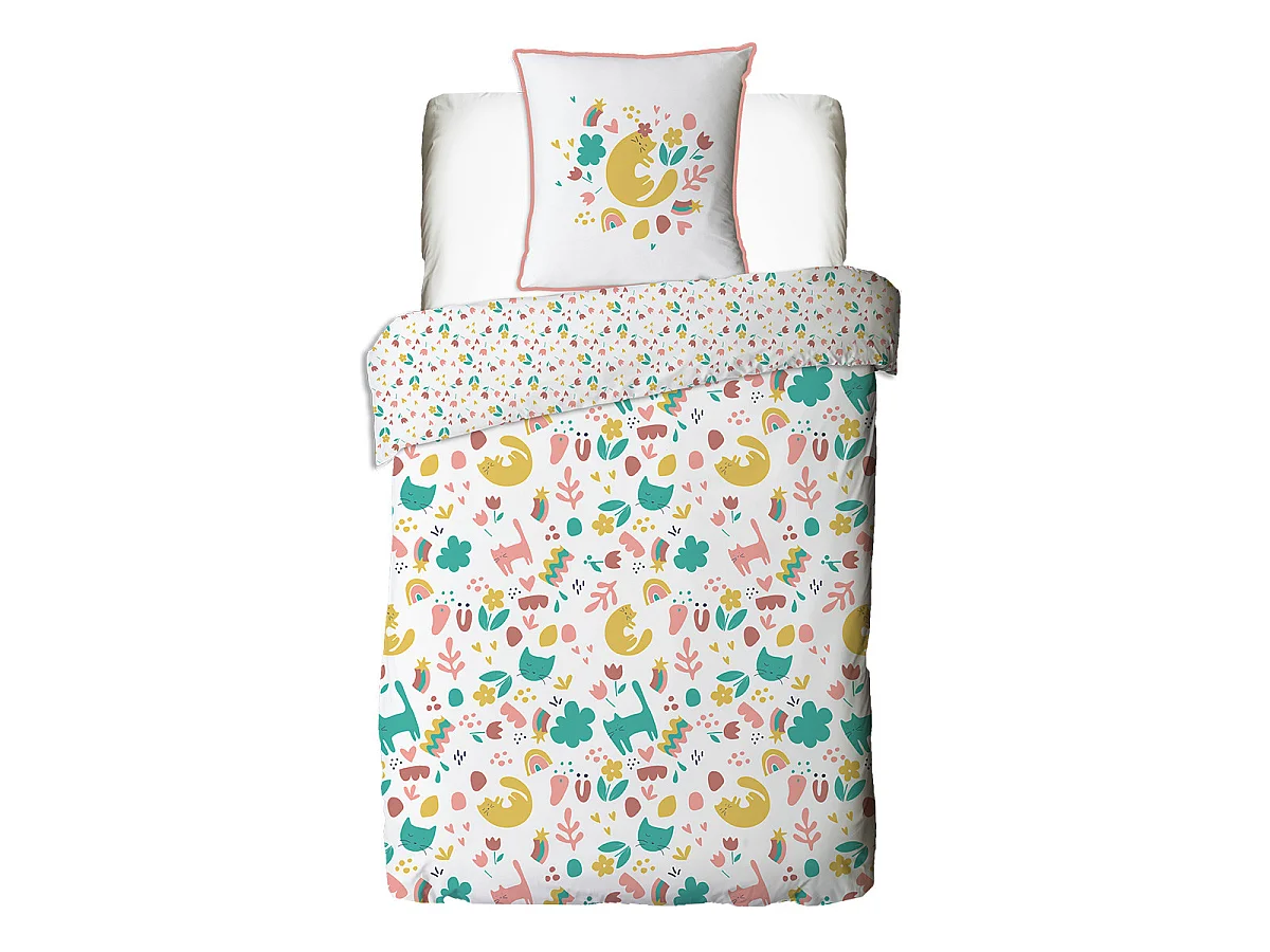 Parure de lit enfant chat réversible fleurie 140x200cm