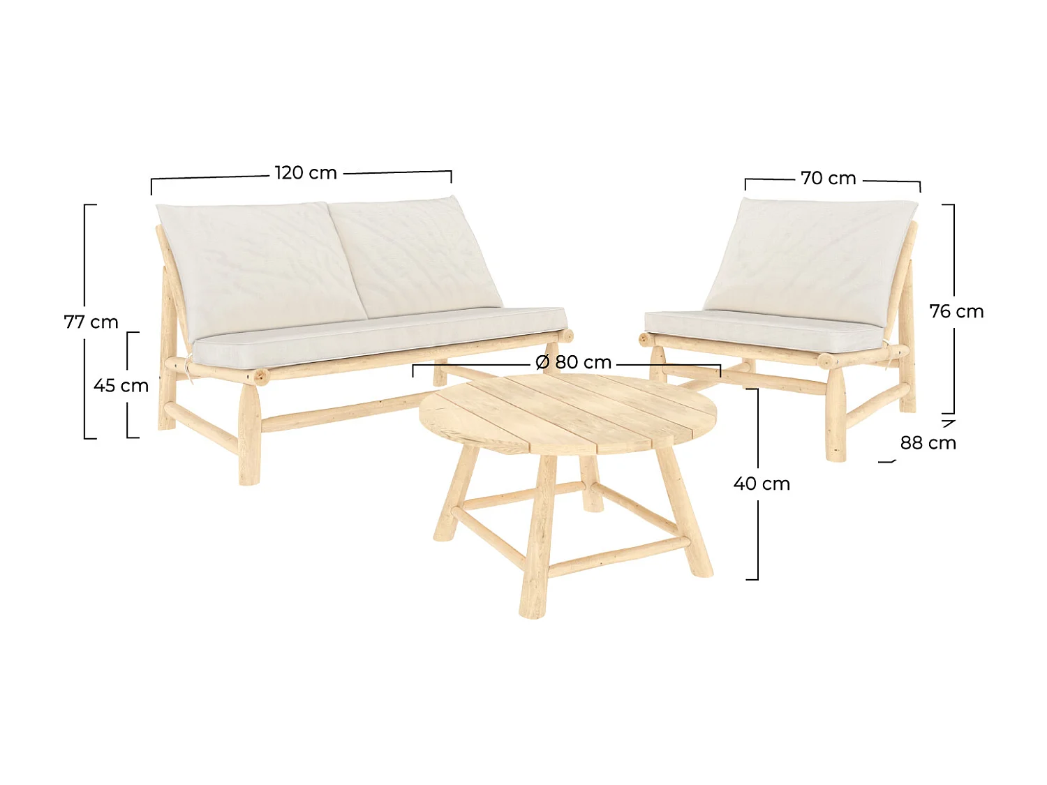 Salon de jardin 3 personnes en bois de teck massif et tissu - Makam