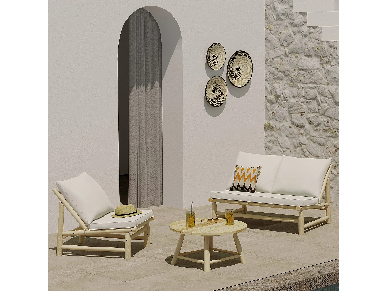 Salon de jardin 3 personnes en bois de teck massif et tissu - Makam