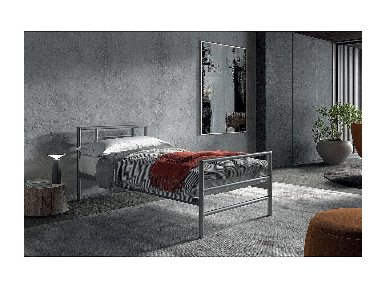 Cama de metal simples ECHO, 90x200 cm, cinza brilhante com estrado incluído