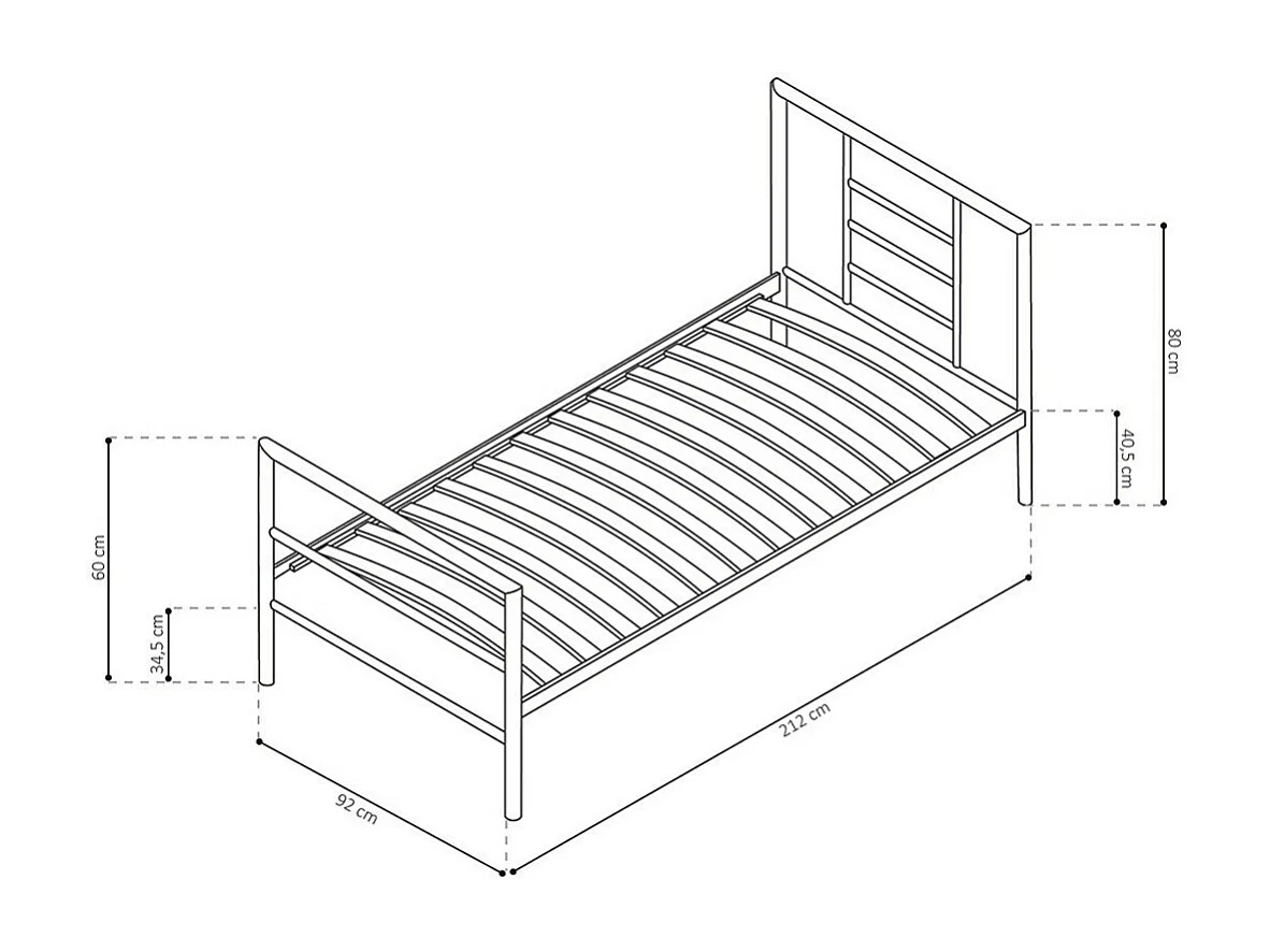 Cama de metal simples ECHO, 90x200 cm, cinza brilhante com estrado incluído