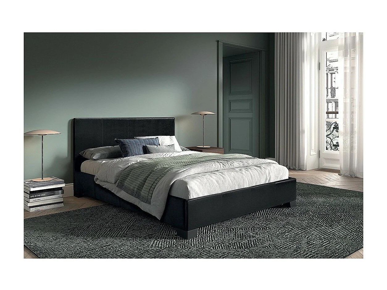 Lit ROMA – Lit double adulte 140x200 cm noir brillant avec sommier inclus