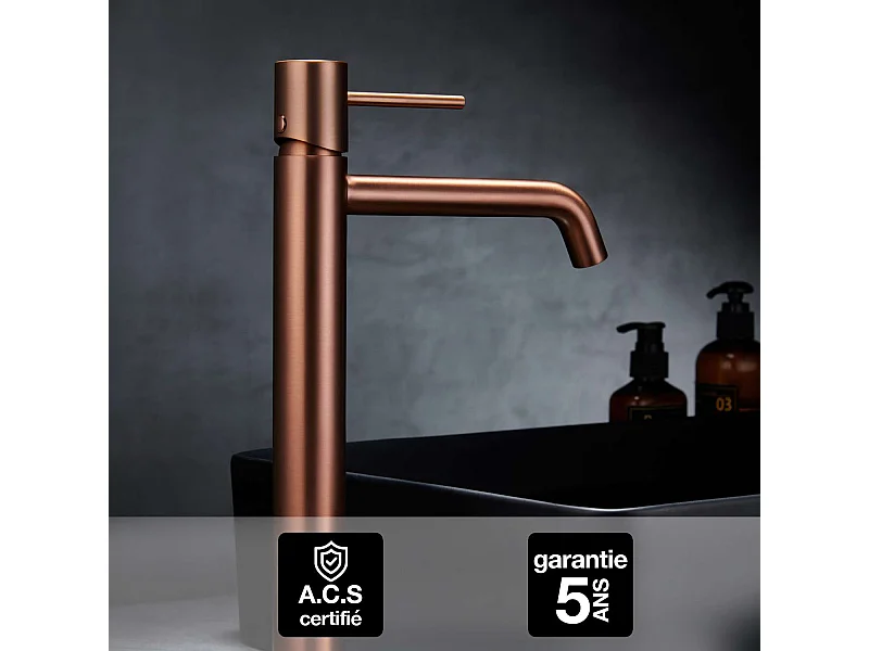 Mitigeur Lavabo Salle de Bain or rose cuivré – Bec Haut Anti-Calcaire – Design Moderne - MONZA IMEX