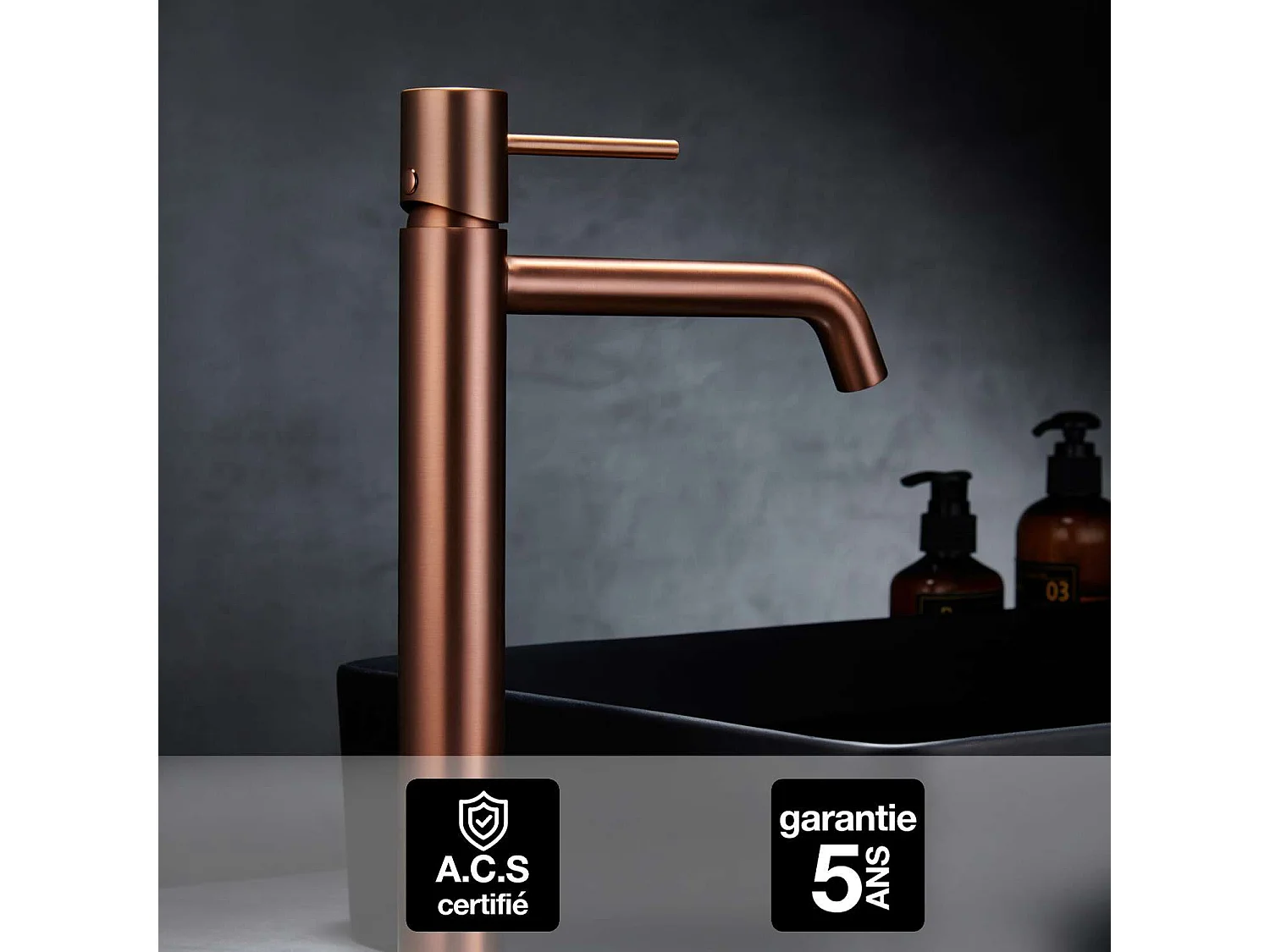 Mitigeur Lavabo Salle de Bain or rose cuivré – Bec Haut Anti-Calcaire – Design Moderne - MONZA IMEX