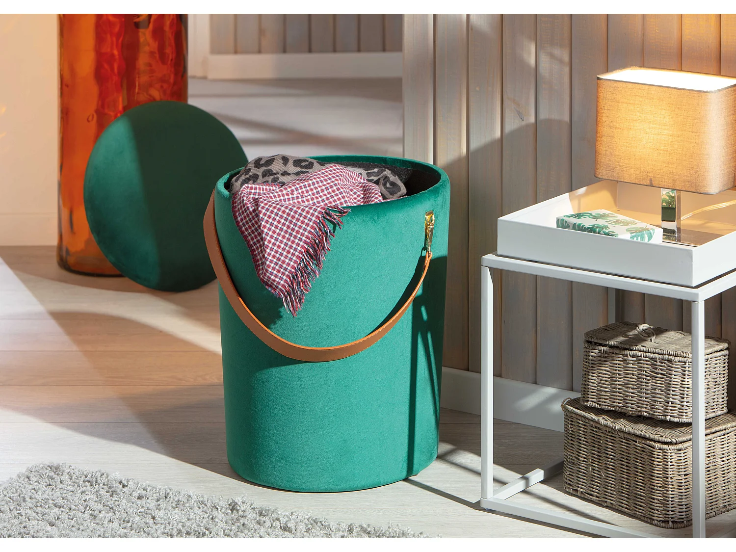 Pouf Coffre en Velours à Sangle "Yola" 45cm Vert